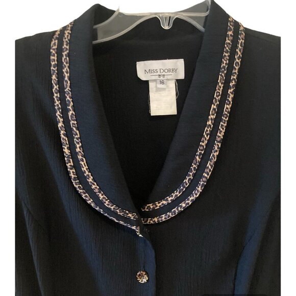 Miss Dorby Vintage Black Longer Length Dress Size 16 Animal Print Collar Trim - Picture 2 of 8